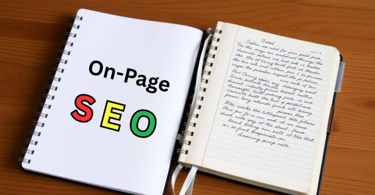 on page seo written on paper with google like color theme