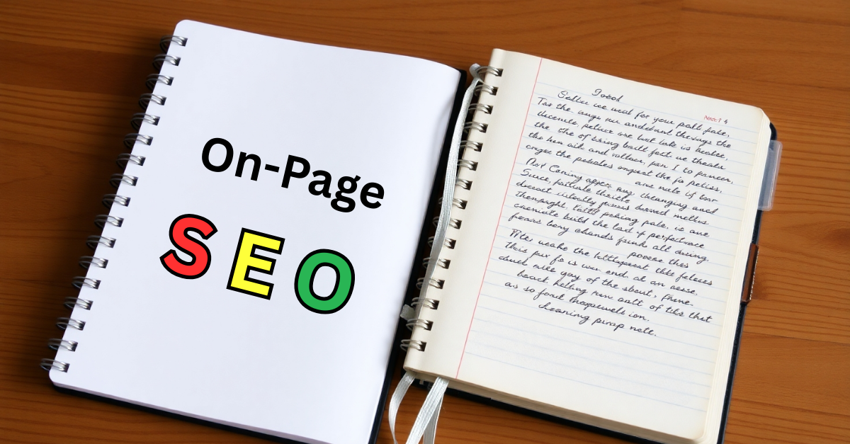 on page seo written on paper with google like color theme
