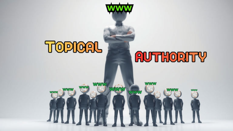 A large person with a ‘www’ website icon as a head standing among smaller people with the same icon, symbolizing topical authority over similar websites