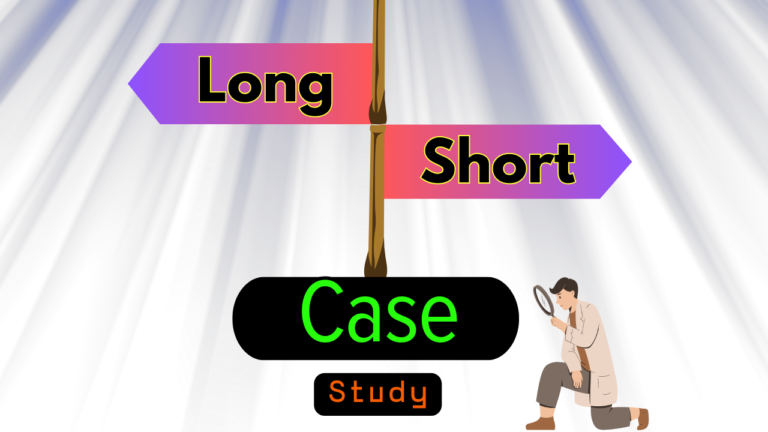two arrow in reverse direction - left showing long and right showing short. a detective is searching case study using a magnifying glass